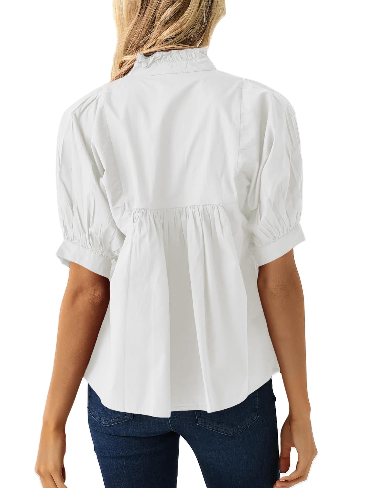 Women's Puff Sleeve V Neck Casual Pleated Tops