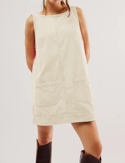 Hot Sale-Women's Round Neck Corduroy Overall Dress