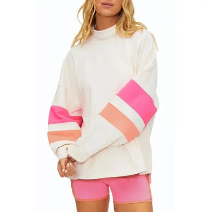 High Mock Neck Color Block Striped Long Sleeve Sweatshirt