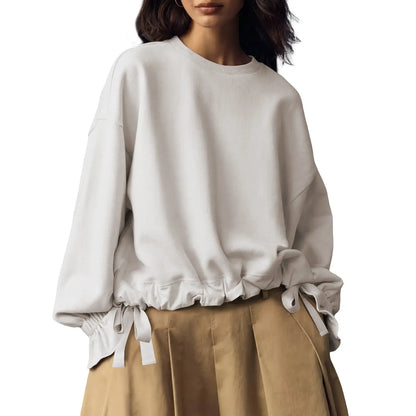 Women Oversized Crew Neck Drawstring Ruffle Hem Long Sleeve Blouse