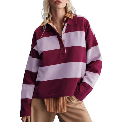 Women Color Block Stripe Lapel Collar Button Long Sleeve Knit Top