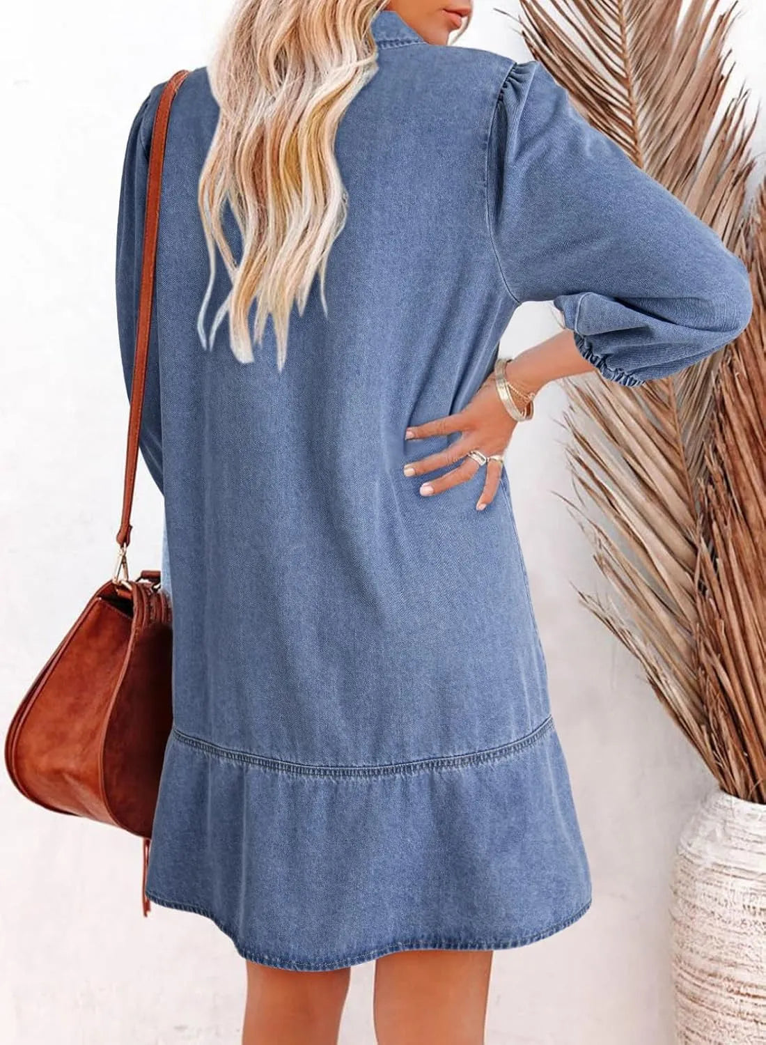 Women's V-Neck Puff Sleeve Denim Layered Dress (Buy 2 Free Shipping)