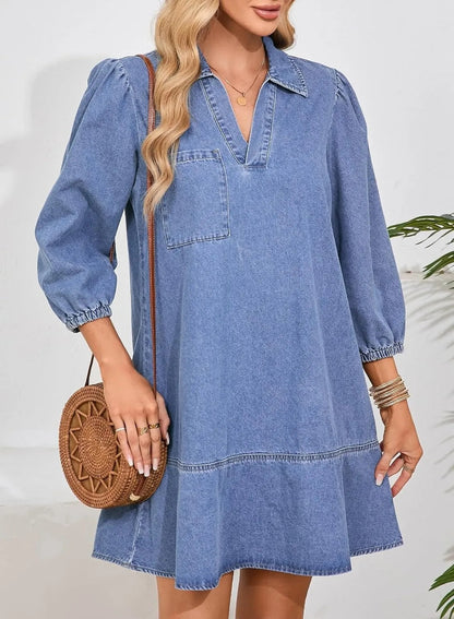 ✨Women's V-Neck Puff Sleeve Denim Layered Dress (Buy 2 Free Shipping)
