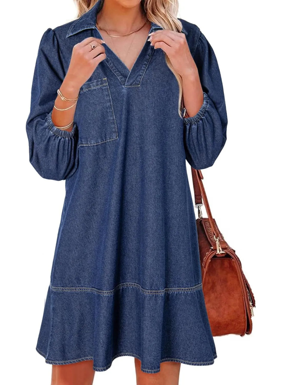✨Women's V-Neck Puff Sleeve Denim Layered Dress (Buy 2 Free Shipping)