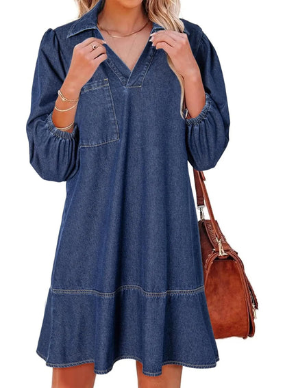 ✨Women's V-Neck Puff Sleeve Denim Layered Dress (Buy 2 Free Shipping)