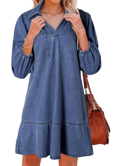 ✨Women's V-Neck Puff Sleeve Denim Layered Dress (Buy 2 Free Shipping)