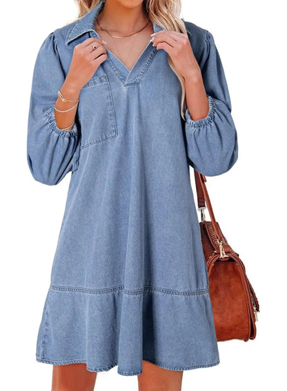 ✨Women's V-Neck Puff Sleeve Denim Layered Dress (Buy 2 Free Shipping)