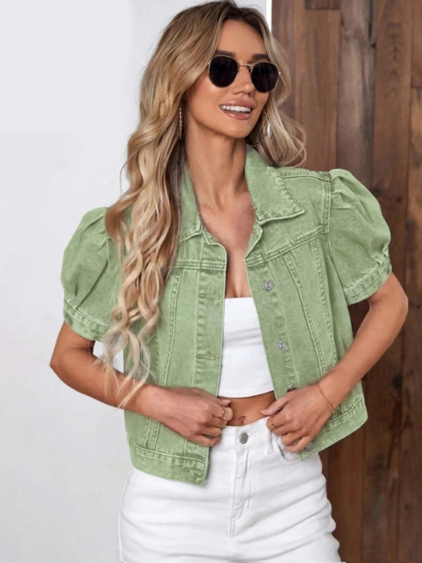 Women's Vintage Bubble Sleeve Fitted Slim Denim Crop Jacket