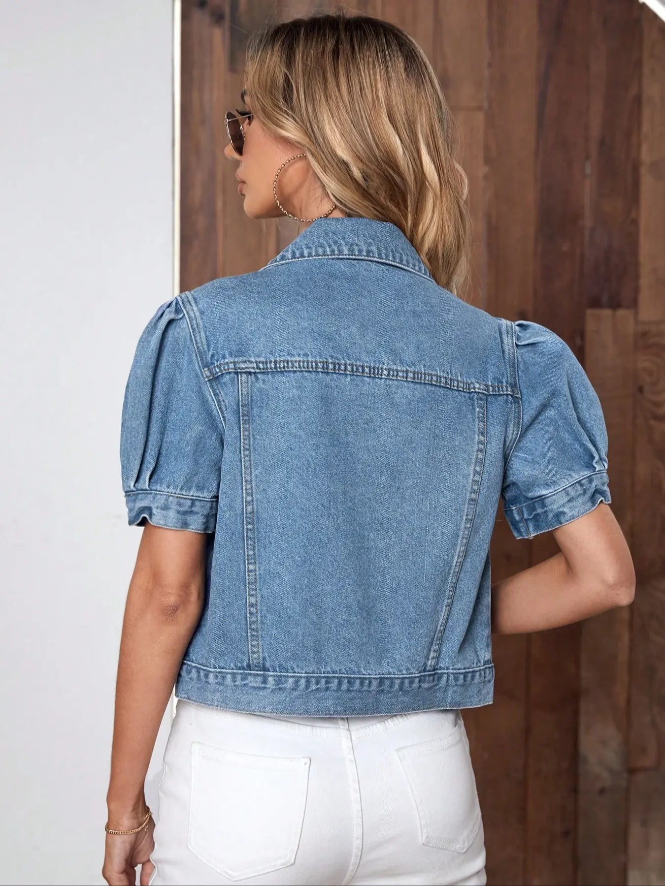 Women's Vintage Bubble Sleeve Fitted Slim Denim Crop Jacket