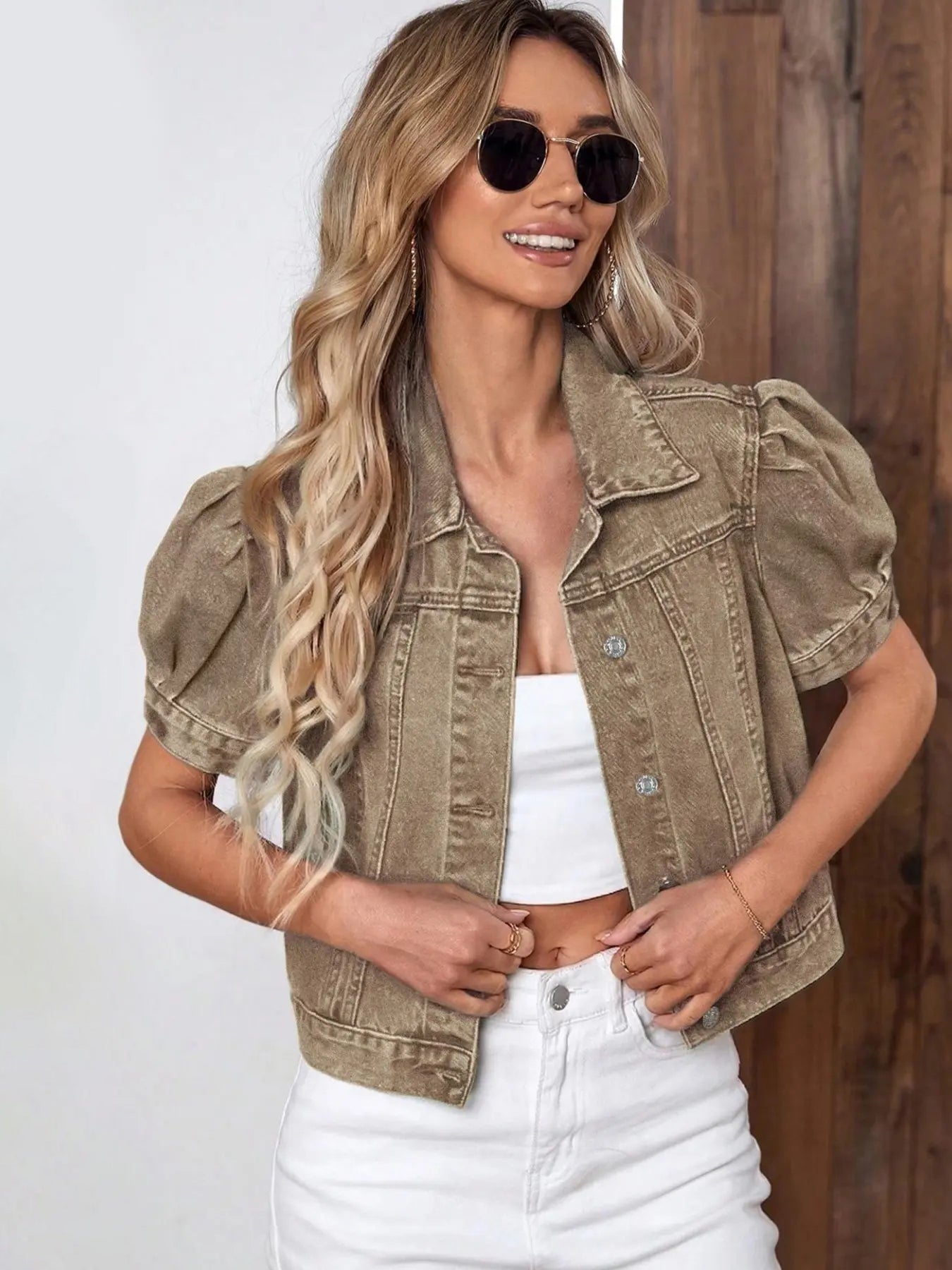 Women's Vintage Bubble Sleeve Fitted Slim Denim Crop Jacket