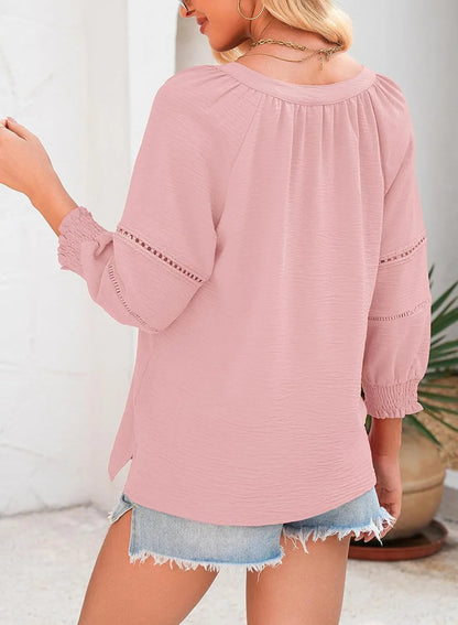 🔥Womens 3/4 Lantern Sleeve Casual V-Neck T-Shirts Pleated Loose Hollow-Out Blouse(BUY 2 FREE SHIPPING)