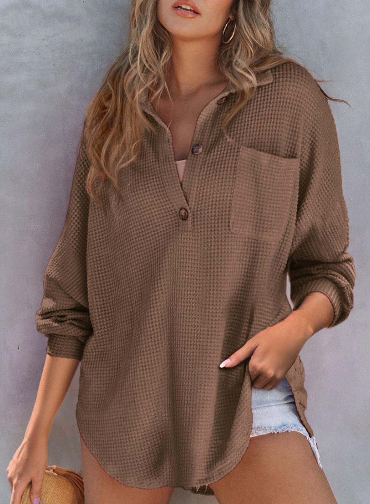 Limited time sale 🔥Women's Waffle Knit Henley Button Shirt Jacket