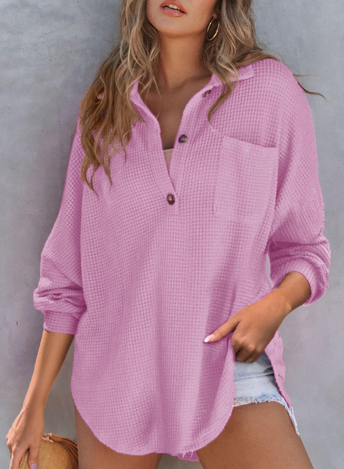Limited time sale 🔥Women's Waffle Knit Henley Button Shirt Jacket