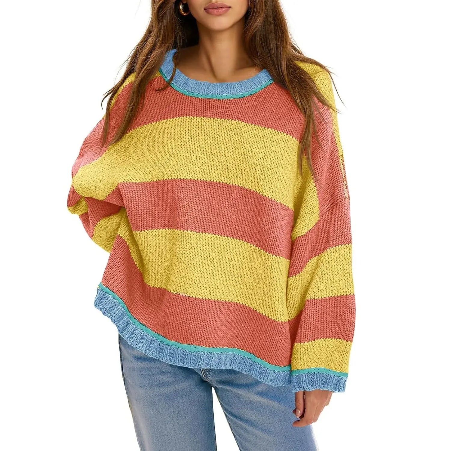 Oversized Round Neck Color Block Stripe Knit Sweater