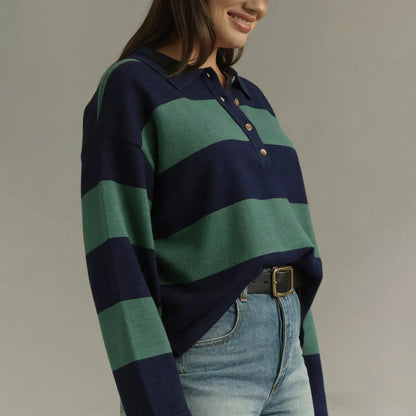 Women Color Block Stripe Lapel Collar Button Long Sleeve Knit Top