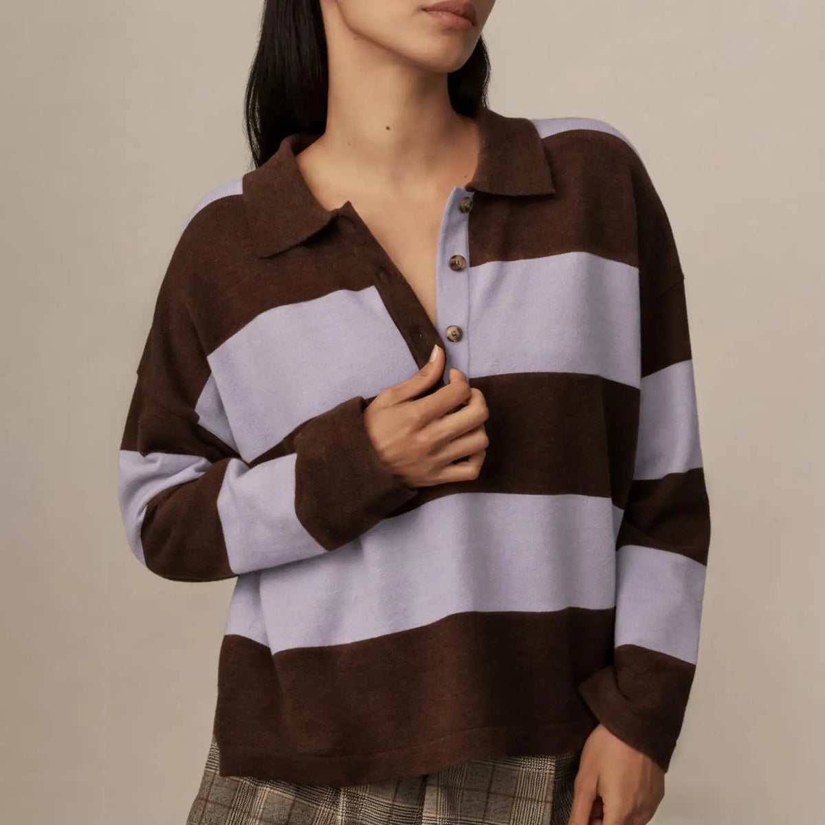 Women Color Block Stripe Lapel Collar Button Long Sleeve Knit Top