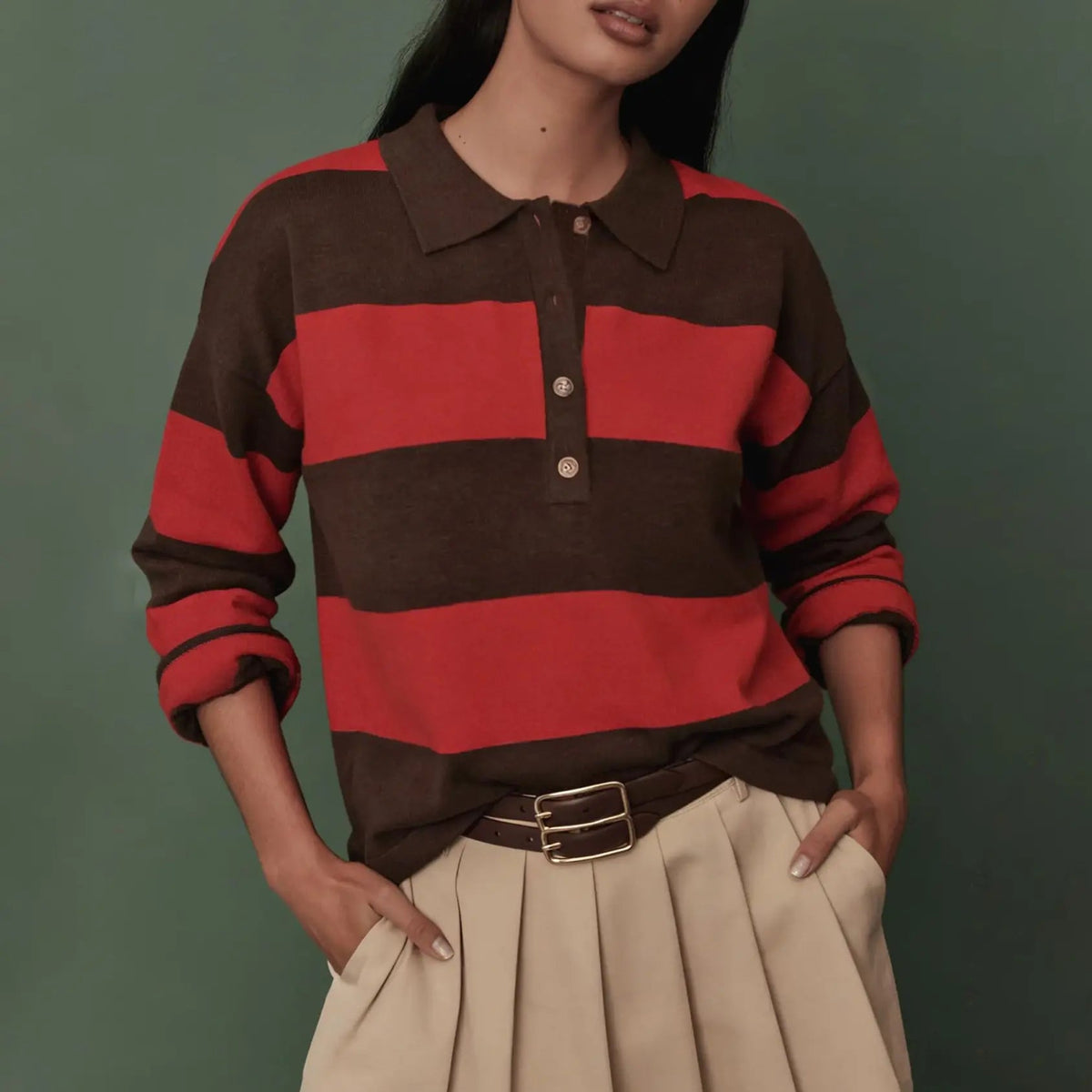 Women Color Block Stripe Lapel Collar Button Long Sleeve Knit Top
