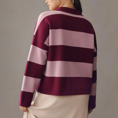 Women Color Block Stripe Lapel Collar Button Long Sleeve Knit Top