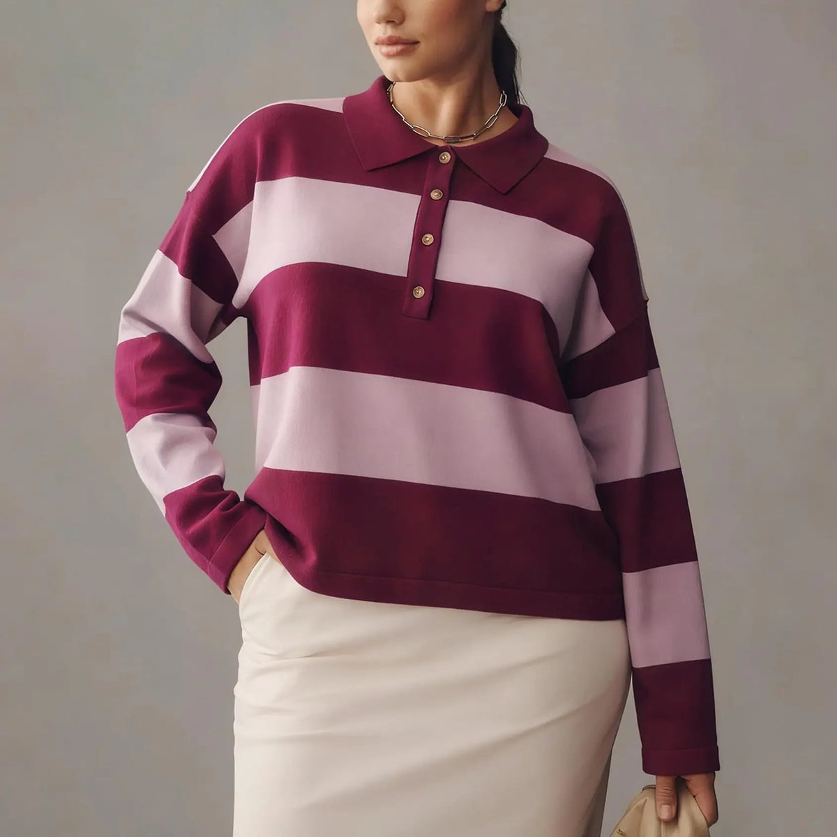 Women Color Block Stripe Lapel Collar Button Long Sleeve Knit Top