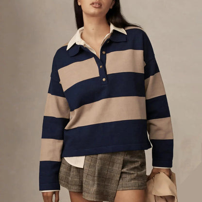 Women Color Block Stripe Lapel Collar Button Long Sleeve Knit Top