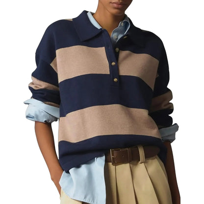 Women Color Block Stripe Lapel Collar Button Long Sleeve Knit Top