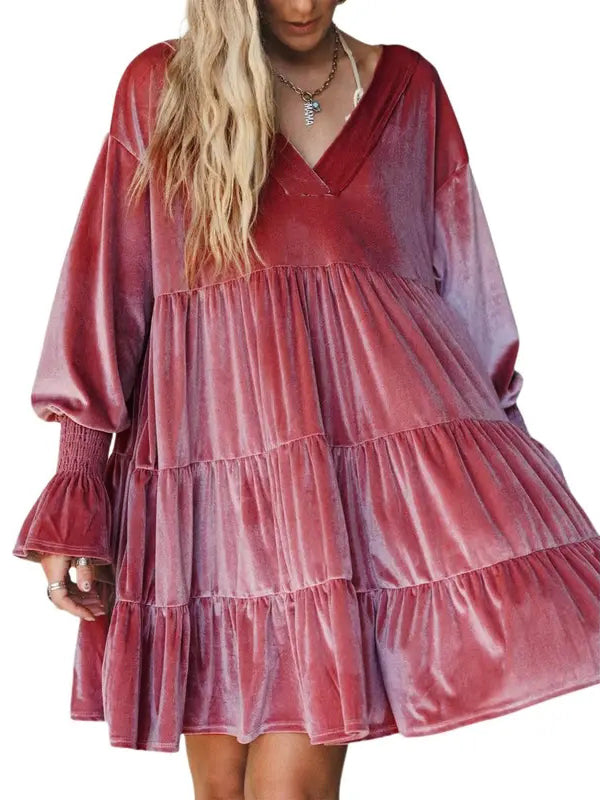 Women's V-neck elegant velvet loose babydoll dress