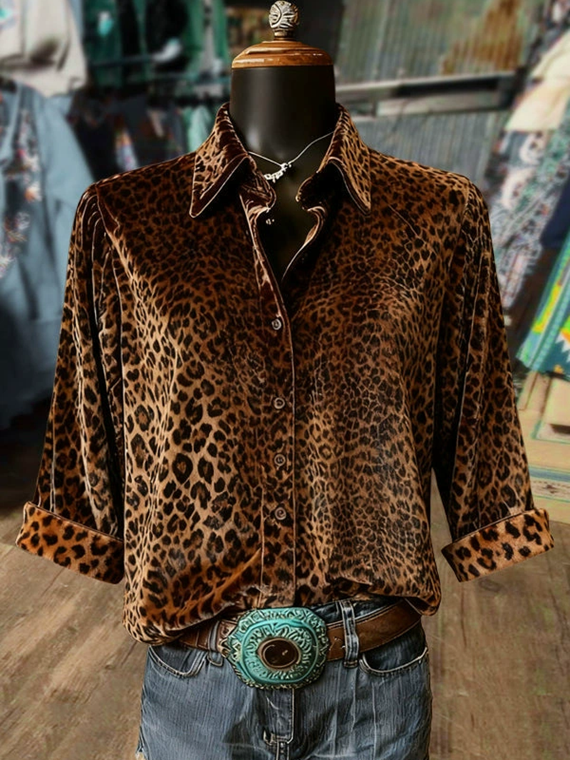 Leopard Print Collared Three Quater Sleeve Velvet Top