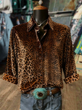 Leopard Print Collared Three Quater Sleeve Velvet Top