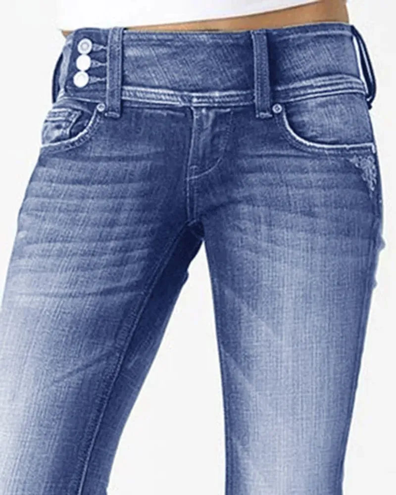 VINTAGE BUTTON SIDE DESIGN MID WAIST STRETCH FLARE JEANS(Buy 2 Free Shipping)