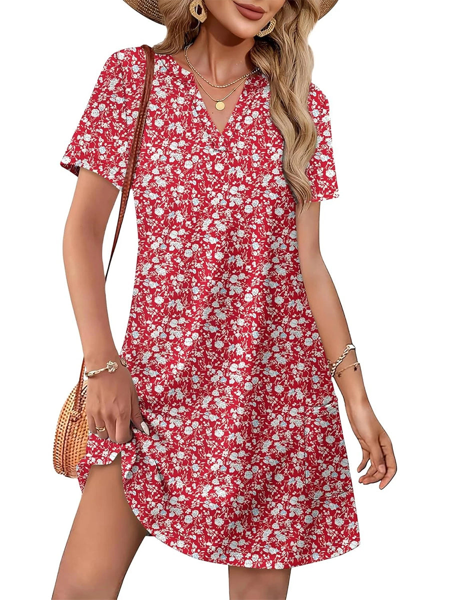 HOT SALE Women's Casual Printed V Neck Short Sleeve Pocket Midi Dress
