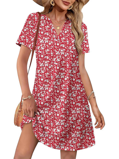 HOT SALE Women's Casual Printed V Neck Short Sleeve Pocket Midi Dress