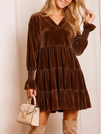 Women's V-neck elegant velvet loose babydoll dress