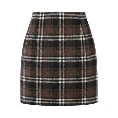 Women's High-Waist Plaid Fitted Mini Skirt, Woolen Bodycon Skirt