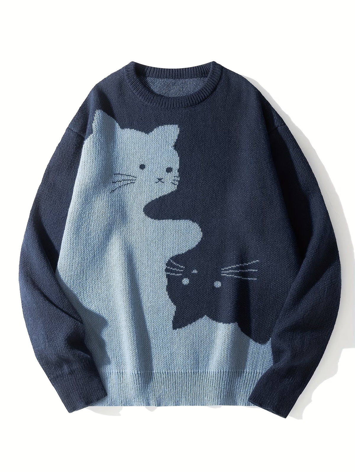 Cartoon Cat Round Neck Long Sleeve Sweater Preppy Style