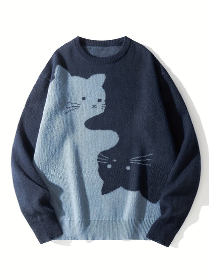 Cartoon Cat Round Neck Long Sleeve Sweater Preppy Style