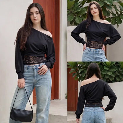 Y2K Off Shoulder Long Sleeve Top, Lace Waist Cutout Slim Crop Blouse
