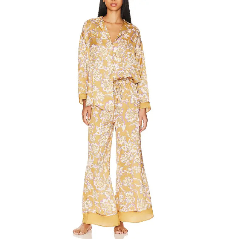 Women’s Loungewear Sleepwear Set Printed Long Sleeve Lapel Button Top & Long Pants（buy 2 free shipping）