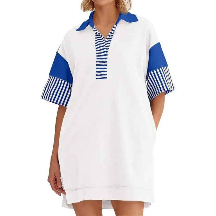 Women's Polo V Neck T Shirt Dress Casual Summer Oversized Color Block Short Sleeve Sweatshirt Mini Dresses