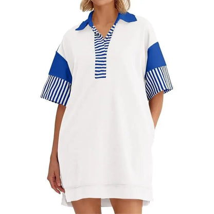 Women's Polo V Neck T Shirt Dress Casual Summer Oversized Color Block Short Sleeve Sweatshirt Mini Dresses