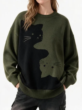 Cartoon Cat Round Neck Long Sleeve Sweater Preppy Style