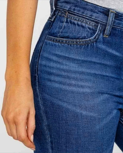Ladies Flared High Waist Denim Button Stretch Trousers