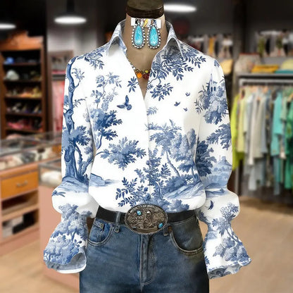 Women's Vintage-Print Flared-Sleeve Shirt