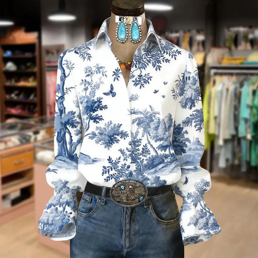 Women's Vintage-Print Flared-Sleeve Shirt