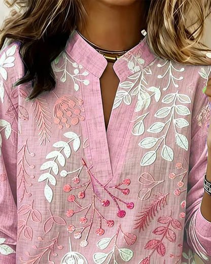 Vintage Botanical Leaf Print Notch Collar Long Sleeve Blouse