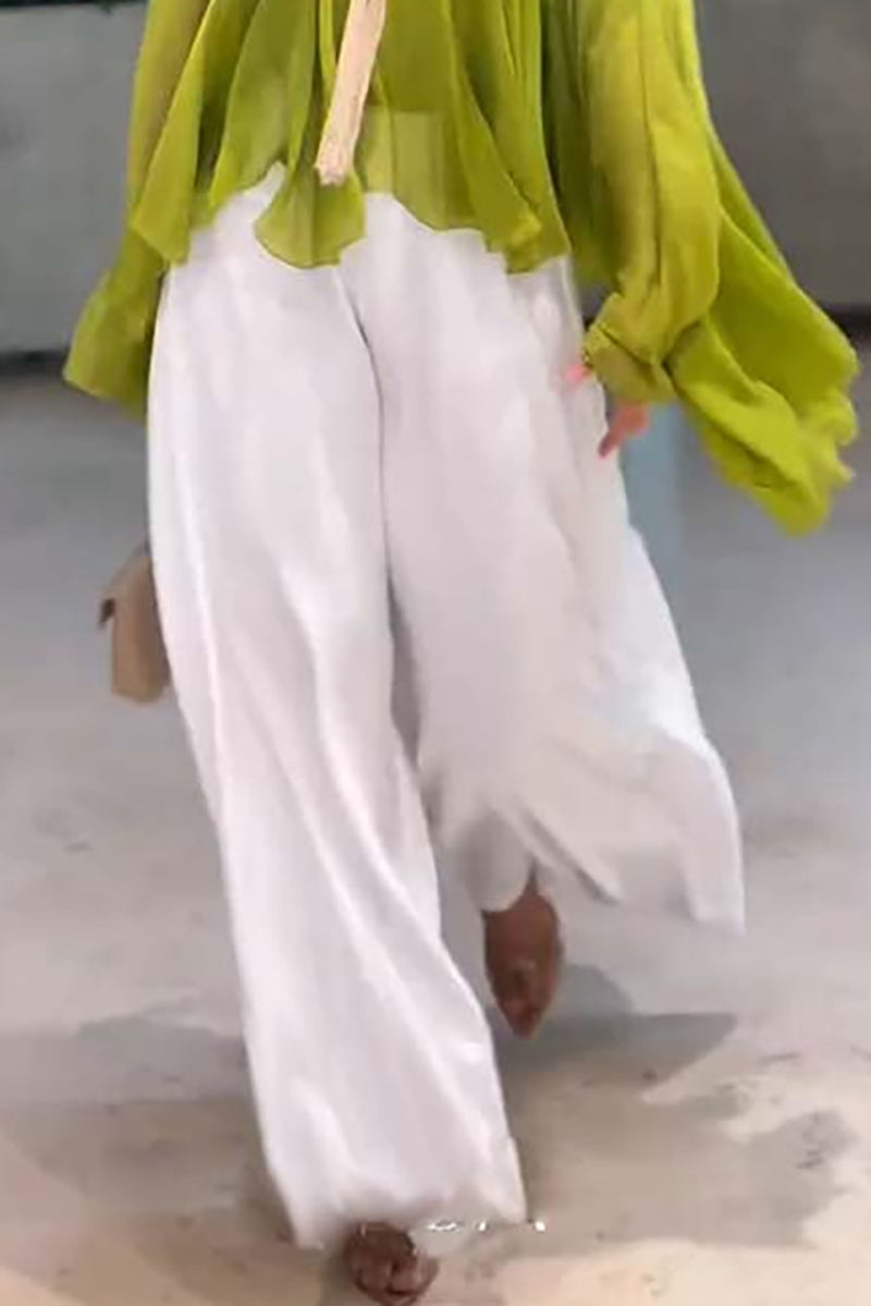 Romantic Journey Chiffon Ruffle Batwing Sleeve Top and Elastic Waist Pocket Loose Pants