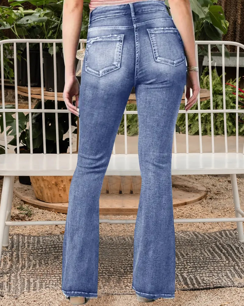 VINTAGE BUTTON SIDE DESIGN MID WAIST STRETCH FLARE JEANS(Buy 2 Free Shipping)