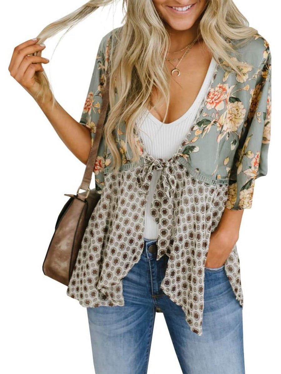 🔥🔥🔥🔥Women's Floral Kimono Ruffle Sleeve Tie Cardigans Flowy Boho Loose Cover Ups
