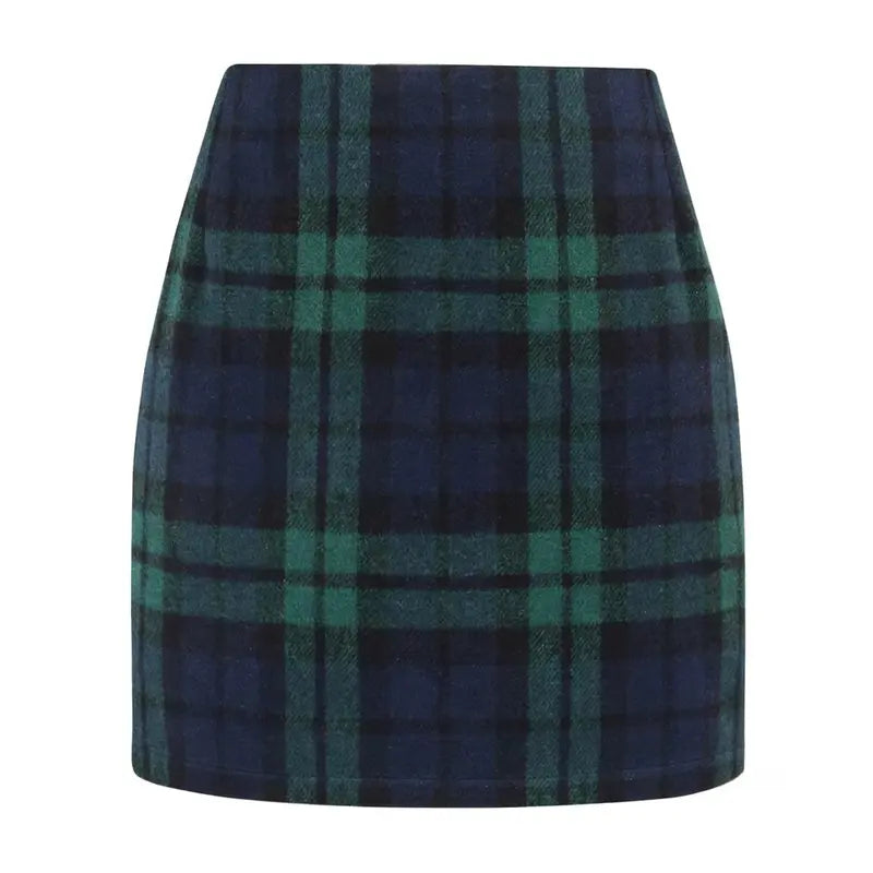 Women's High-Waist Plaid Fitted Mini Skirt, Woolen Bodycon Skirt
