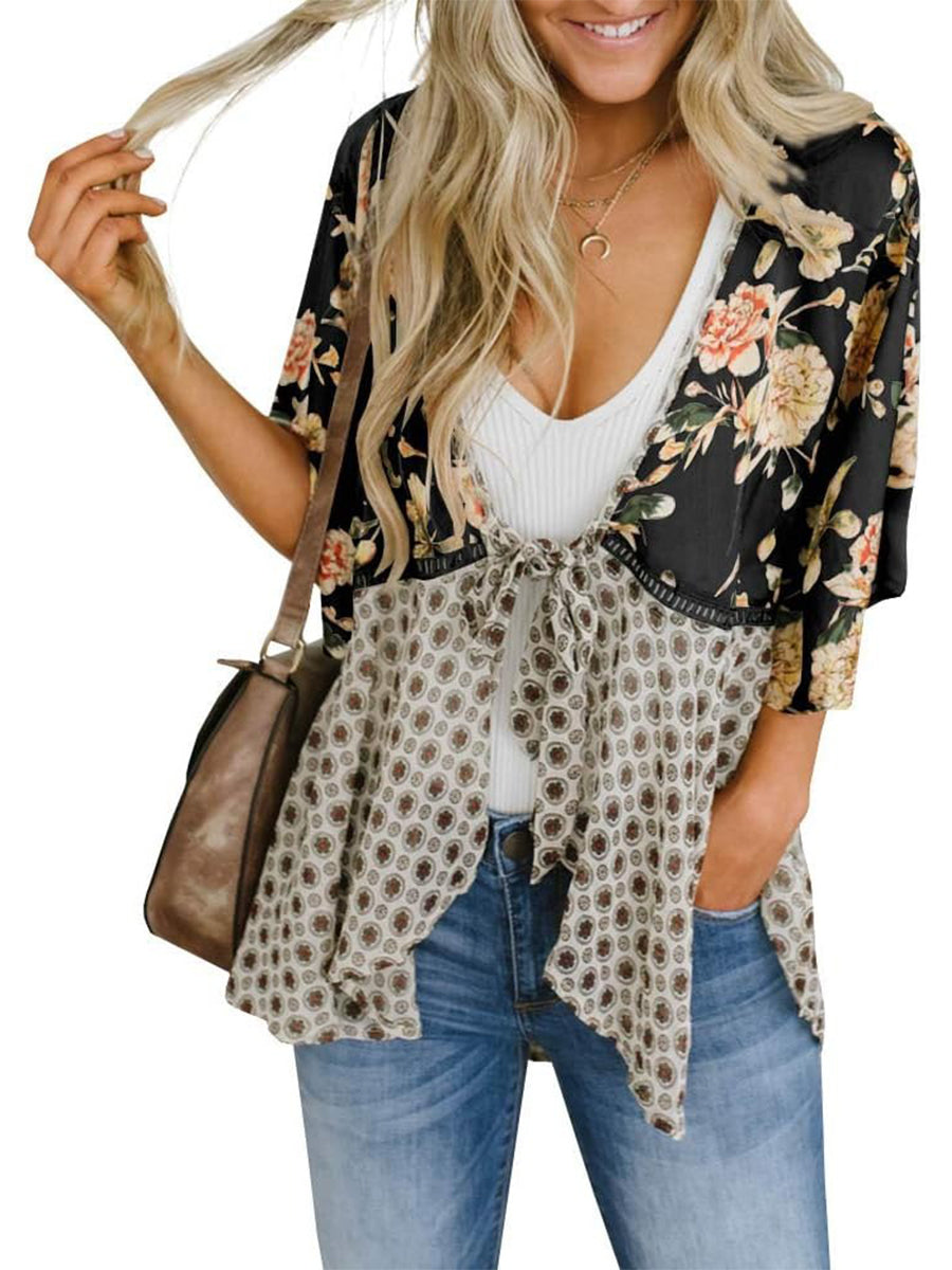 🔥🔥🔥🔥Women's Floral Kimono Ruffle Sleeve Tie Cardigans Flowy Boho Loose Cover Ups