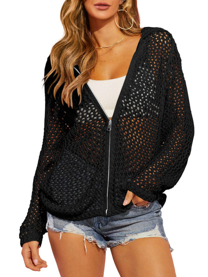 Limited time sale🔥Womens Crochet Lightweight Cardigans Zip Up Hooded Cover Up